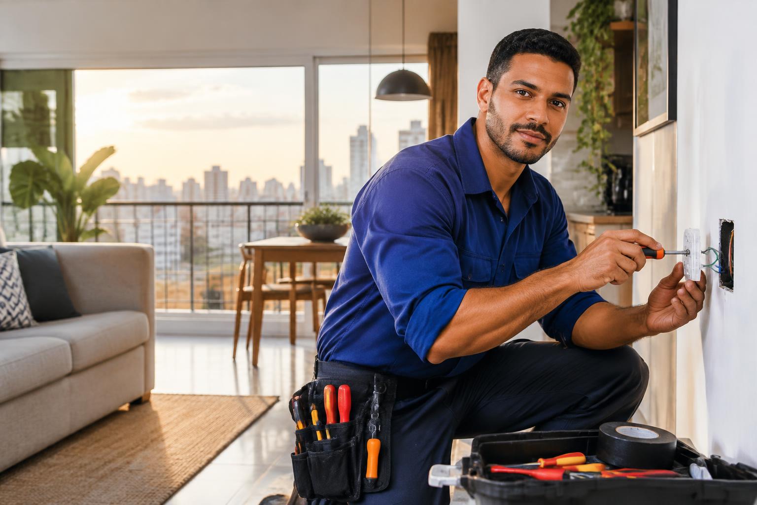 Profissional de serviços realizando trabalho elétrico em uma residência